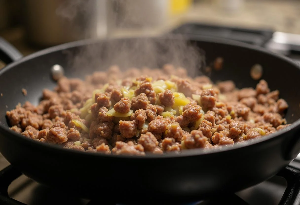 Carne molida siendo salteada con cebolla y ajo para los Pimientos Rellenos de Carne y Arroz.