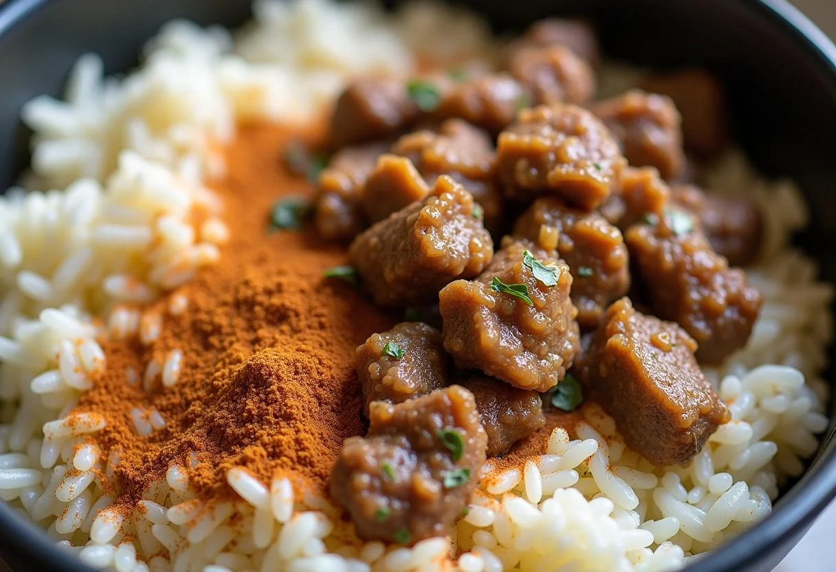 Mezcla de carne y arroz cocido para rellenar los pimientos en la receta de Pimientos Rellenos de Carne y Arroz.
