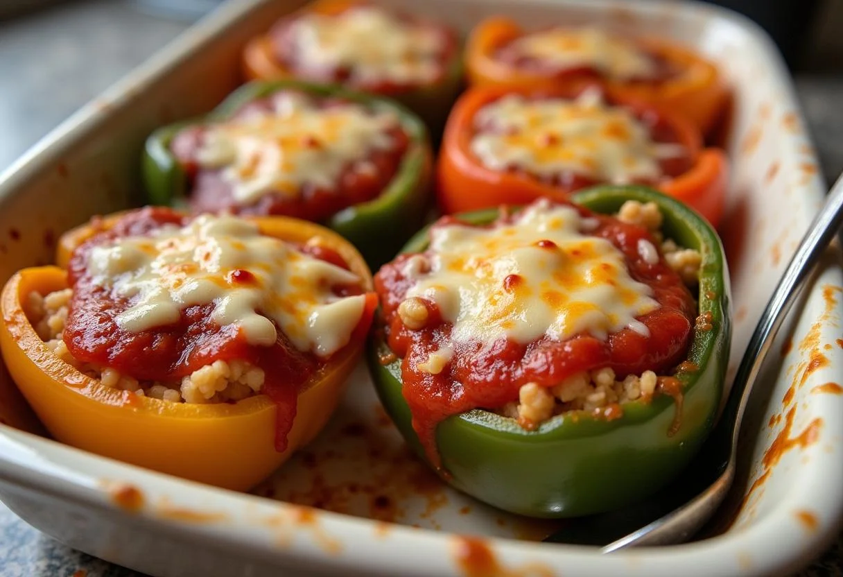 Pimientos verdes rellenos y listos para hornear en un plato con salsa de tomate y queso.