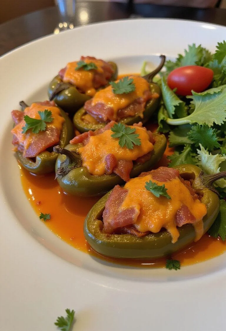 Pimientos Rellenos de Jamón presentados con perejil fresco, perfectos para una comida deliciosa.