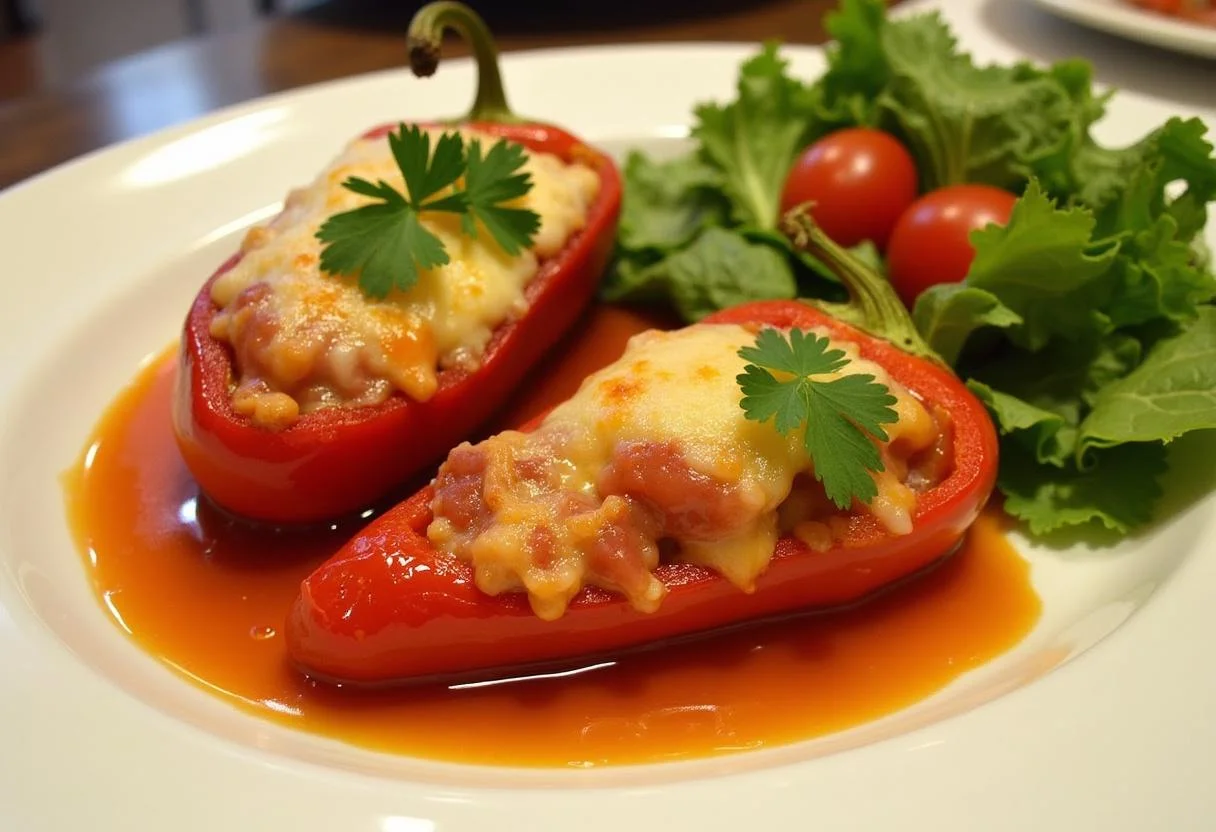 Pimientos Rellenos de Jamón presentados con perejil fresco, perfectos para una comida deliciosa.