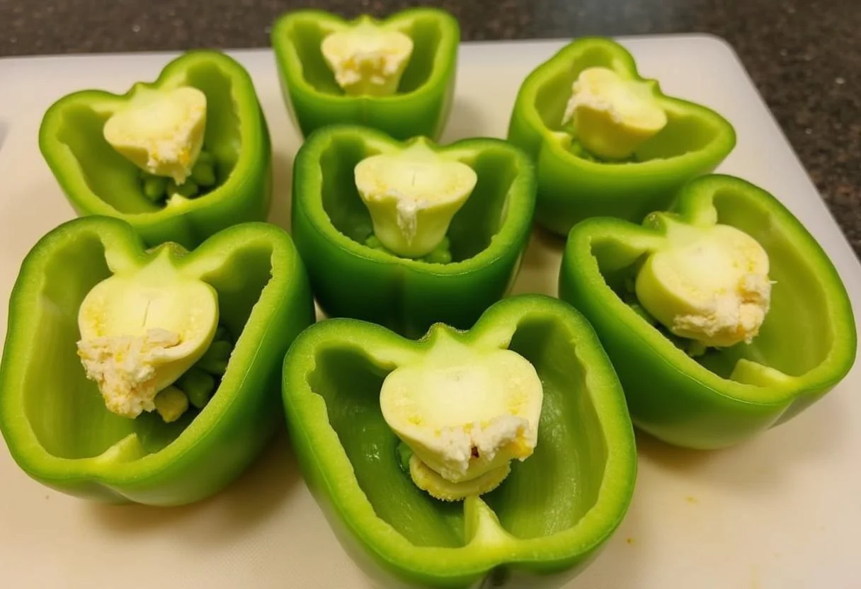 Pimientos verdes cortados por la mitad, listos para ser rellenados en la receta de Pimientos Rellenos de Jamón.