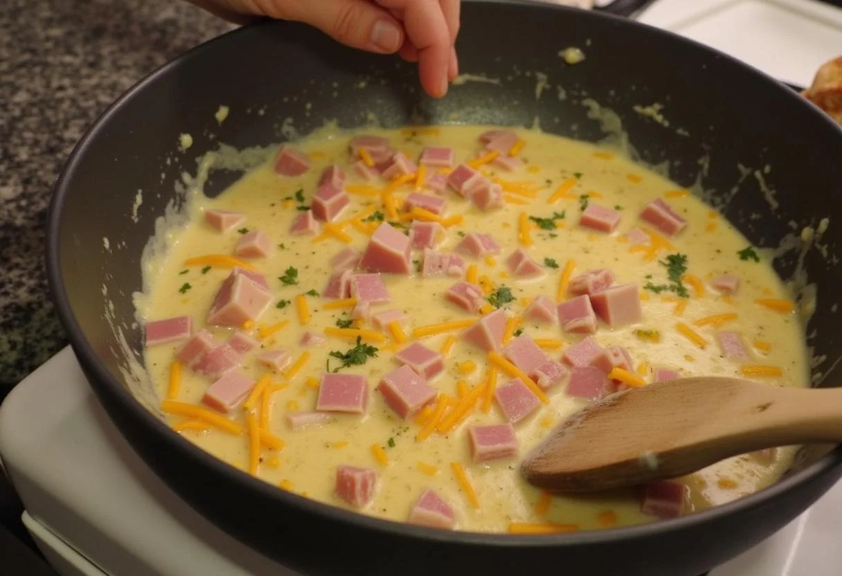 Mezcla cremosa de jamón y queso para rellenar los pimientos en la receta de Pimientos Rellenos de Jamón.