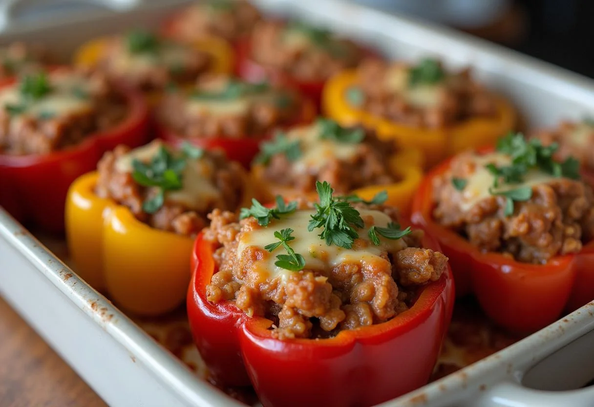 Pimientos verdes rellenos dispuestos en una fuente de horno, listos para ser horneados en la receta de Pimientos Rellenos de Jamón.