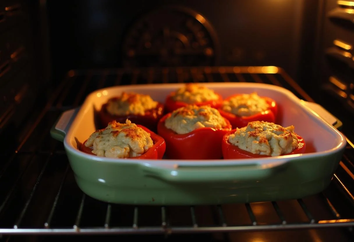 Fuente con pimientos rellenos siendo colocados en el horno para cocinar en la receta de Pimientos Rellenos de Jamón.