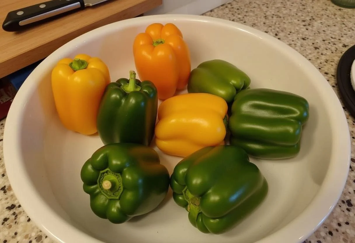 Pimientos frescos preparados para relleno en la receta de Pimientos Rellenos de Marisco.