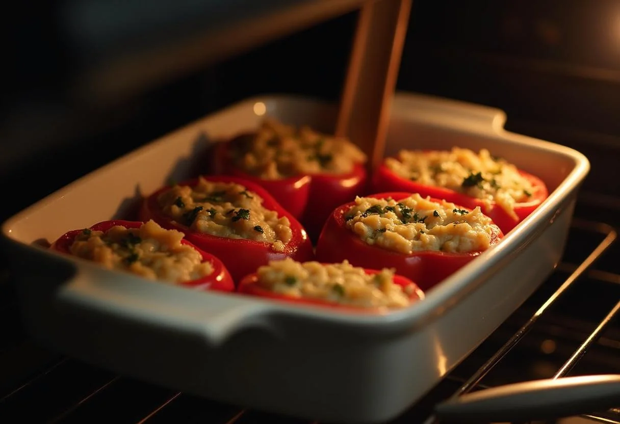 Fuente con Pimientos Rellenos de Marisco siendo introducidos en el horno.
