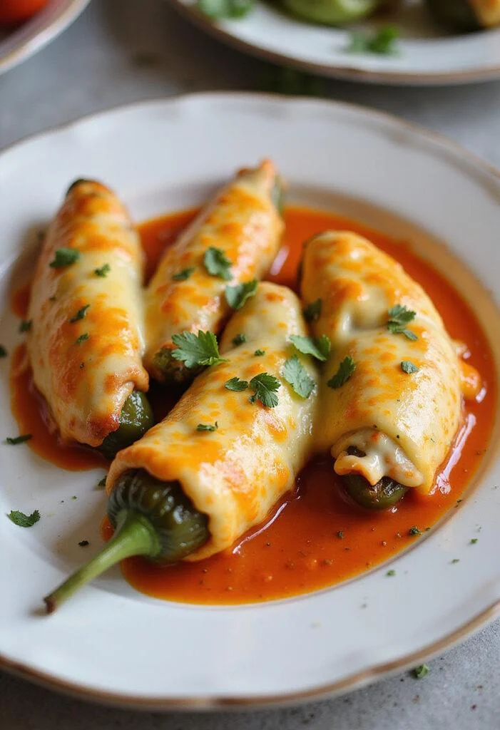 Pimientos Rellenos de Queso listos para servir, con queso dorado y hierbas frescas.