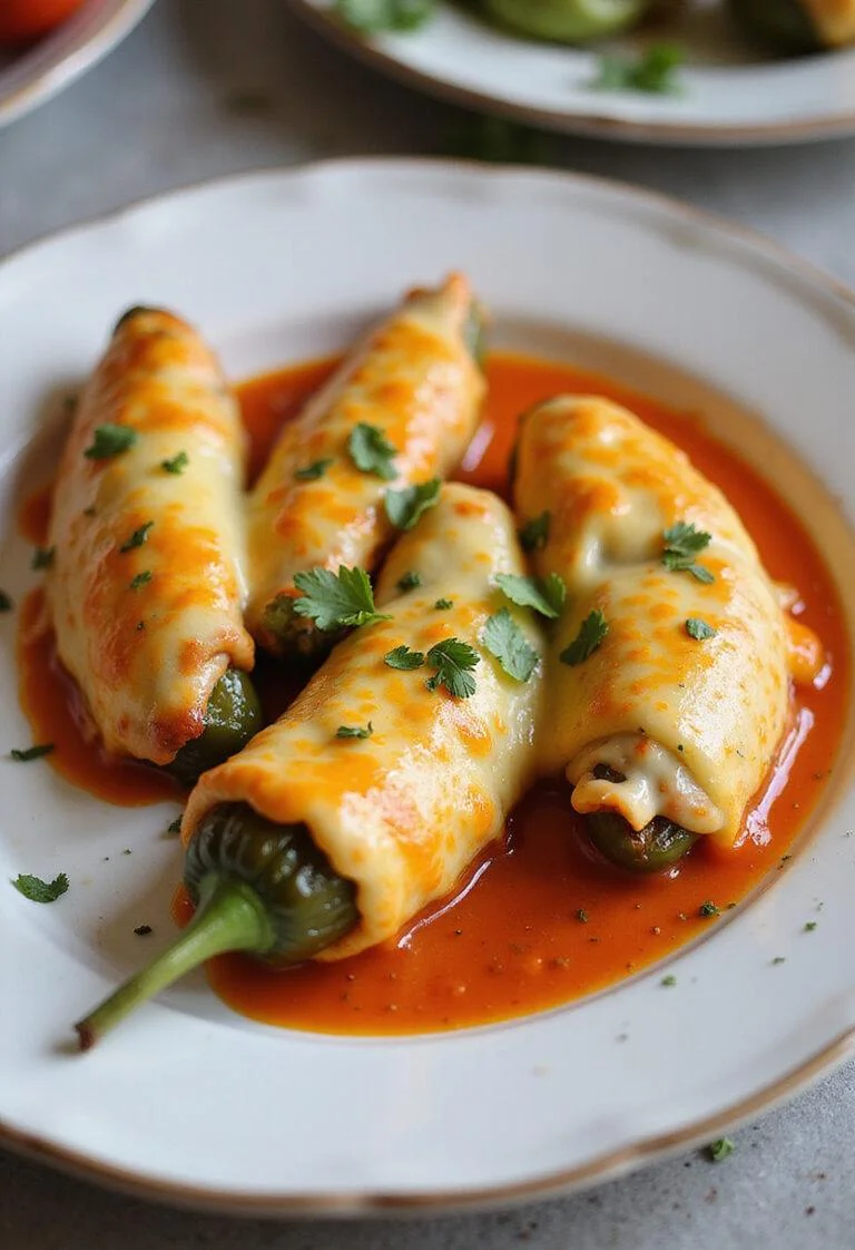 Pimientos Rellenos de Queso listos para servir, con queso dorado y hierbas frescas.