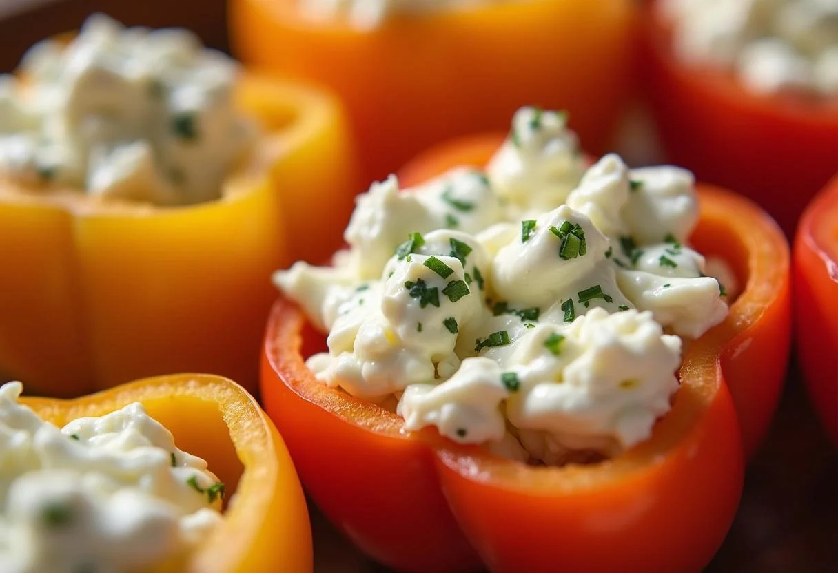 Pimientos siendo rellenados con una mezcla de queso crema y hierbas para pimientos rellenos de queso.