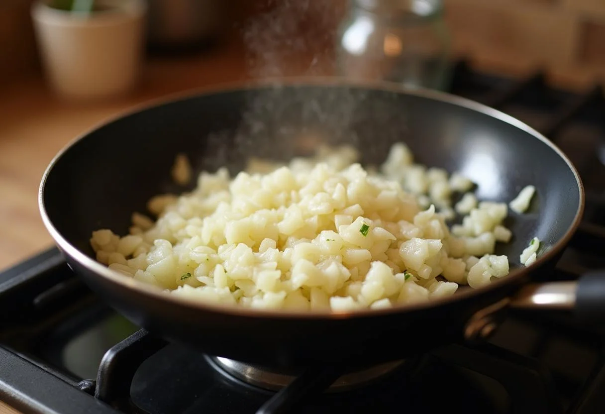 Cebollas picadas siendo salteadas para preparar solomillo con champiñones.