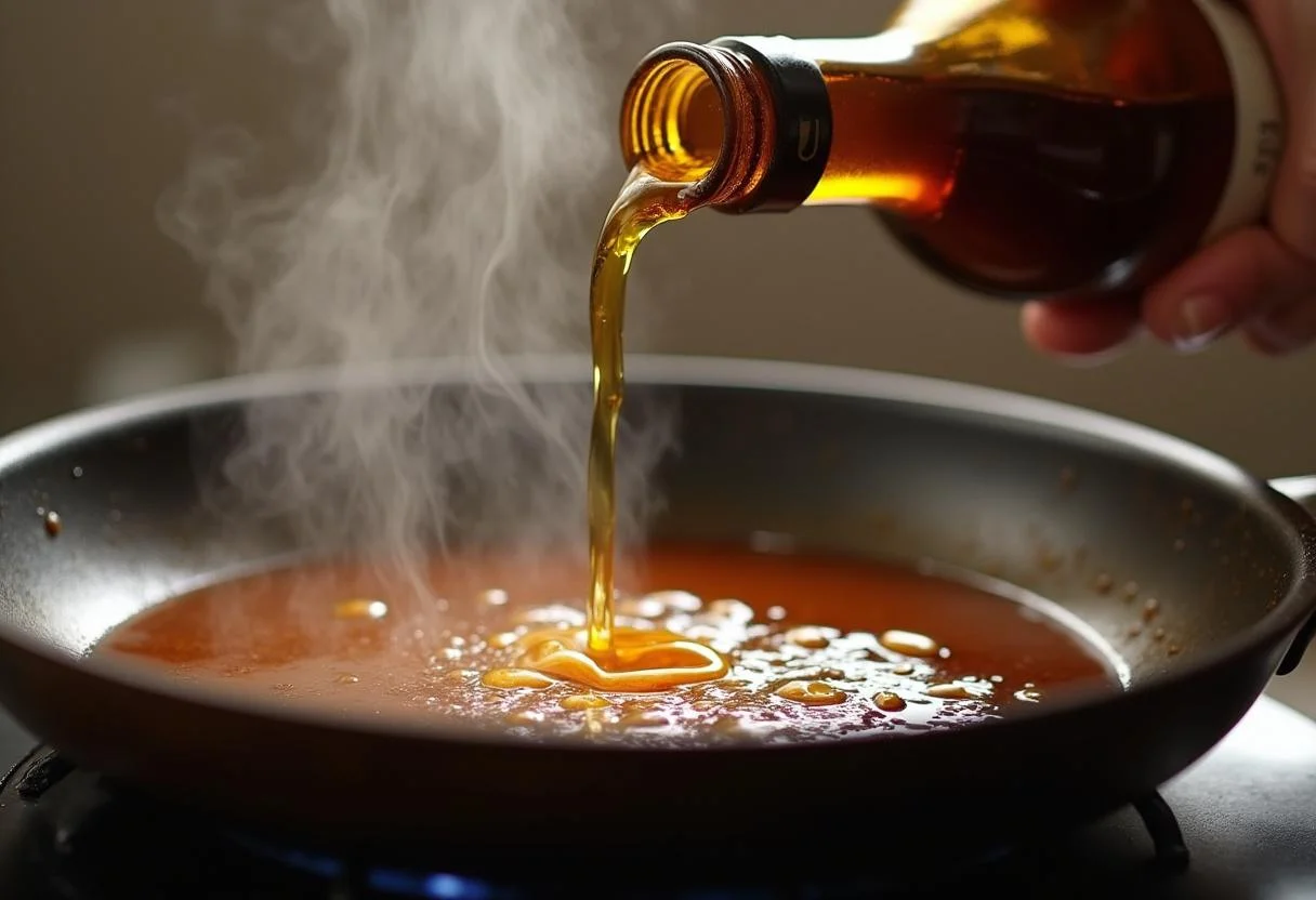 Vino de Jerez siendo agregado a la sartén para la salsa de champiñones en solomillo.