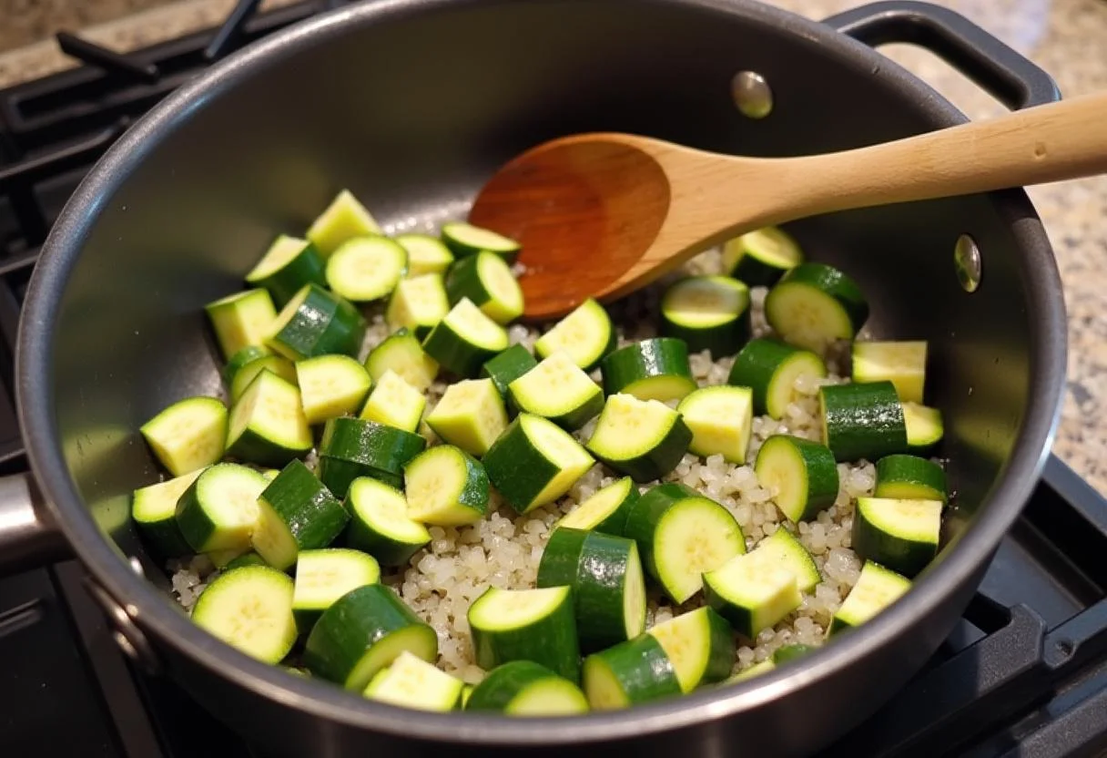 Calabacín y cebollas salteándose en aceite de oliva para la sopa de calabacín casera.