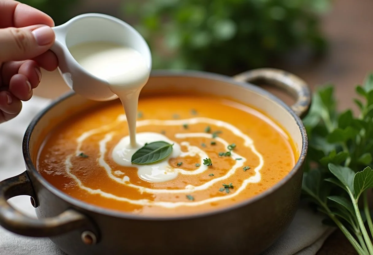 Rociando crema en la sopa de calabacín para añadir sabor en la Sopa de Calabacín Casera.