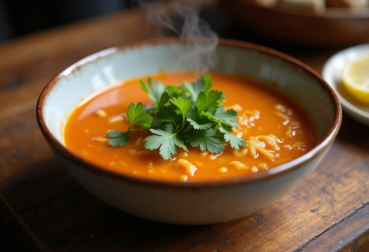 Deliciosa Sopa de Lentejas Casera servida en un tazón con cilantro y limón, perfecta para una comida reconfortante.