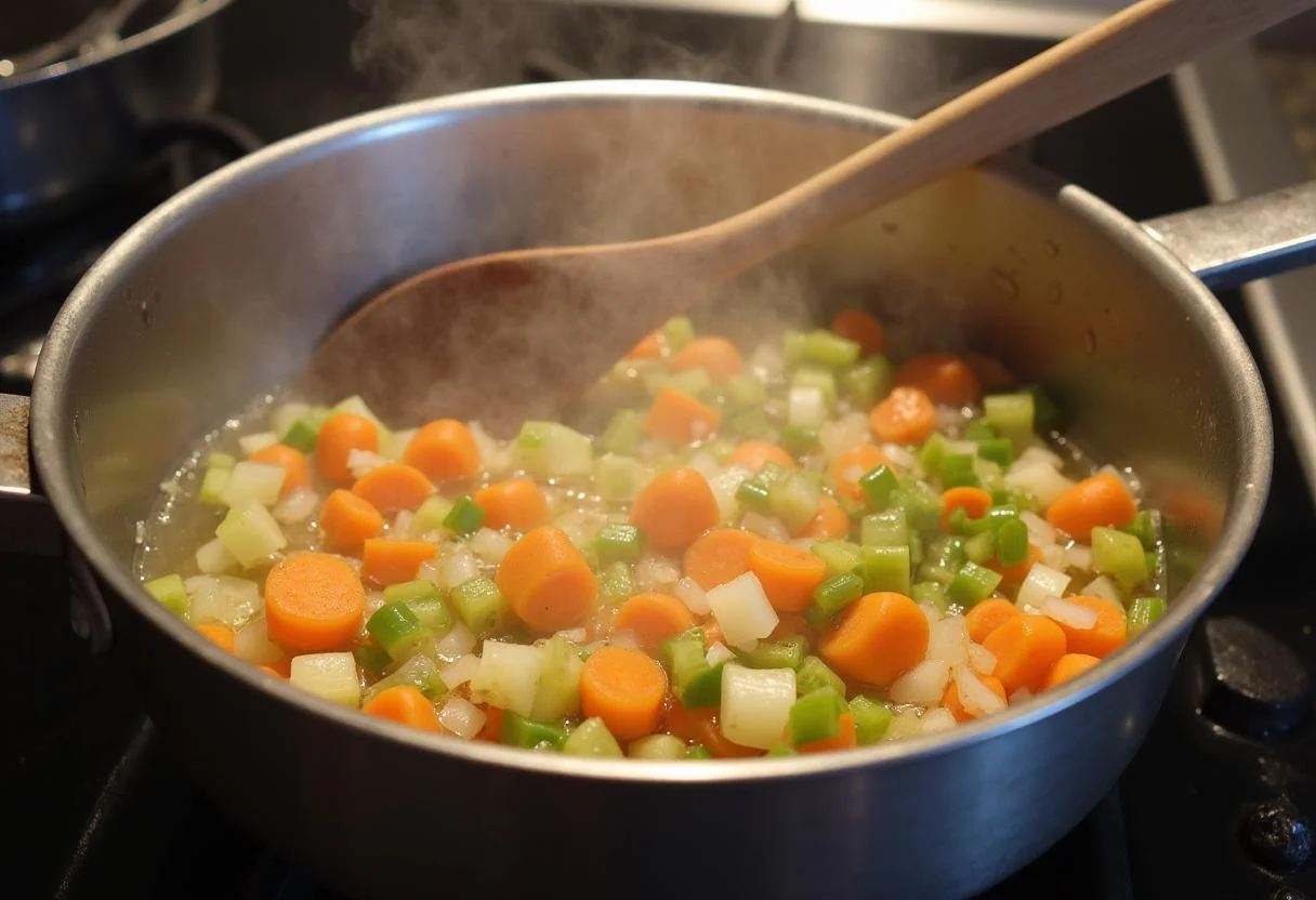 Verduras siendo sofritas para la Sopa de Lentejas Casera en una olla.