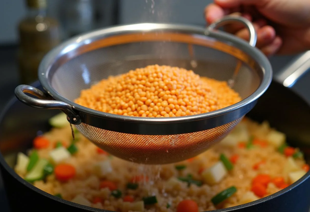 Enjuagando las lentejas para la Sopa de Lentejas Casera para asegurar la limpieza.