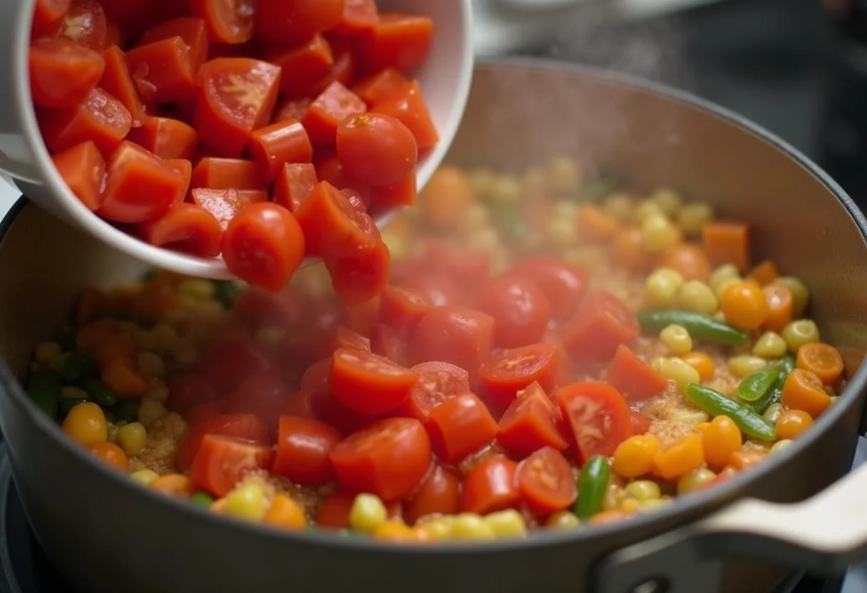 Tomates frescos añadidos a la olla para la Sopa de Marisco con Tomate.