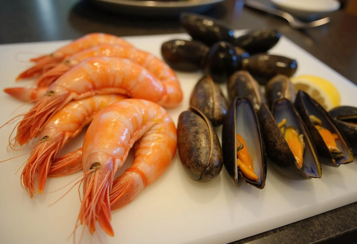 Mariscos listos para agregar a la Sopa de Marisco con Tomate.