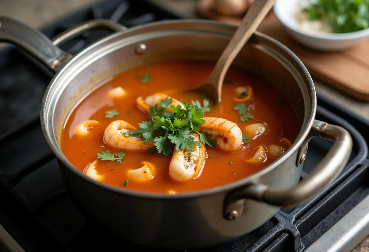 Sopa de Marisco con Tomate cocinándose en la estufa, lista para servir.