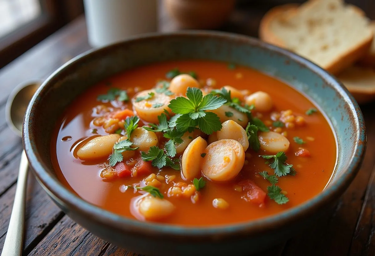 Deliciosa Sopa de Marisco y Verduras servida en un tazón, perfecta para una comida reconfortante.