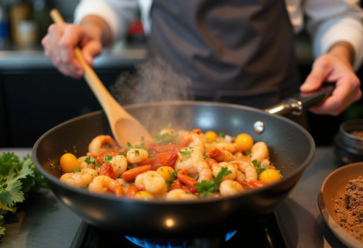 Revolviendo mariscos y vegetales para la Sopa de Marisco y Verduras, realzando sabores con hierbas y especias.