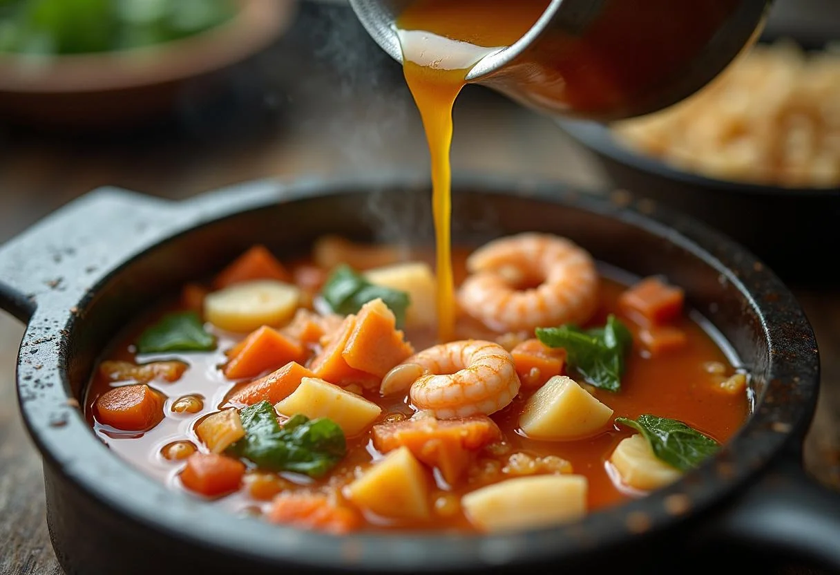 Caldo rico añadido a la mezcla de mariscos y vegetales para la preparación de la Sopa de Marisco y Verduras.