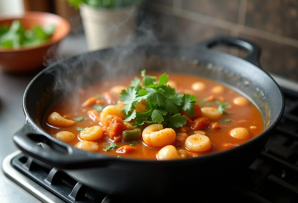 Sopa de Marisco y Verduras decorada hirviendo a fuego lento en la estufa, lista para servir.