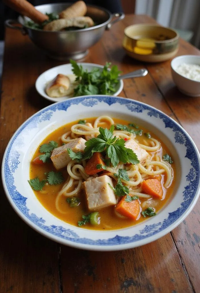Bowl de Sopa de Pescado con Fideos decorado con pescado colorido y hierbas frescas.