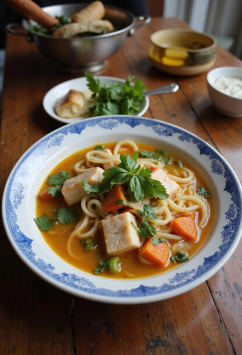Bowl de Sopa de Pescado con Fideos decorado con pescado colorido y hierbas frescas.