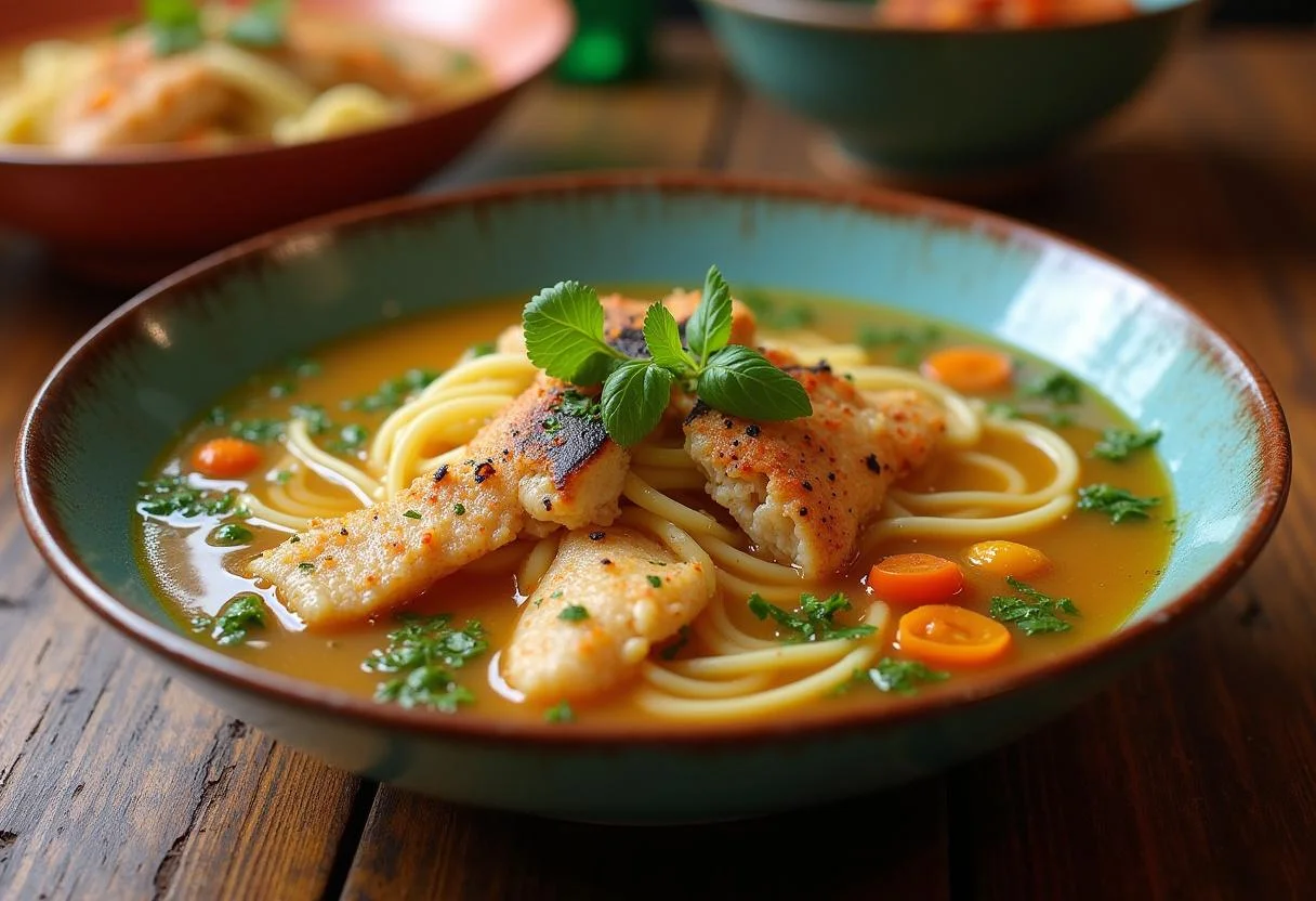 Bowl de Sopa de Pescado con Fideos decorado con pescado colorido y hierbas frescas.