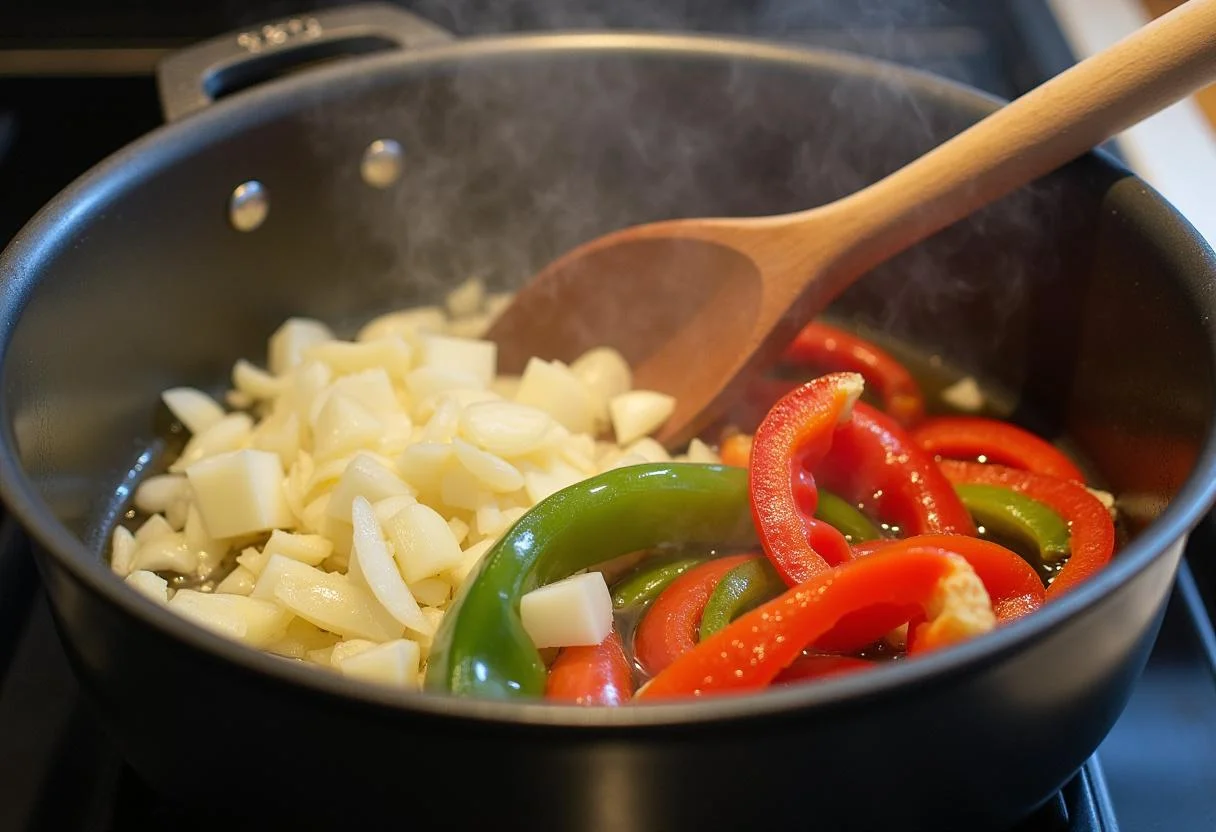 Cocinando cebolla, ajo y pimientos en aceite de oliva para la Sopa de Pescado con Fideos.