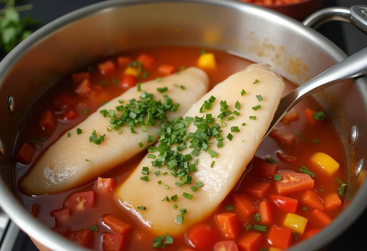 Agregar filetes de pescado a la olla de Sopa de Pescado con Fideos con tomates y hierbas frescas.