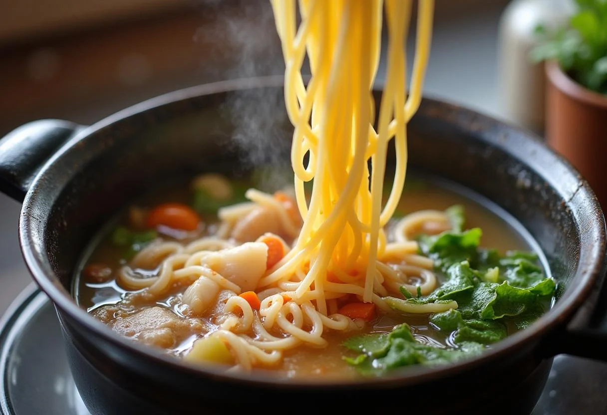 Añadiendo fideos crudos a la Sopa de Pescado con Fideos en una olla burbujeante.