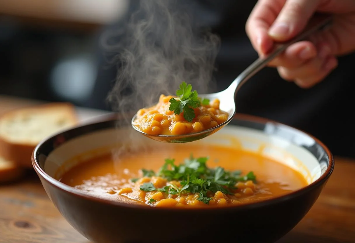 Sirviendo la Sopa de Pescado con Fideos en un tazón con cilantro fresco y pan crujiente.