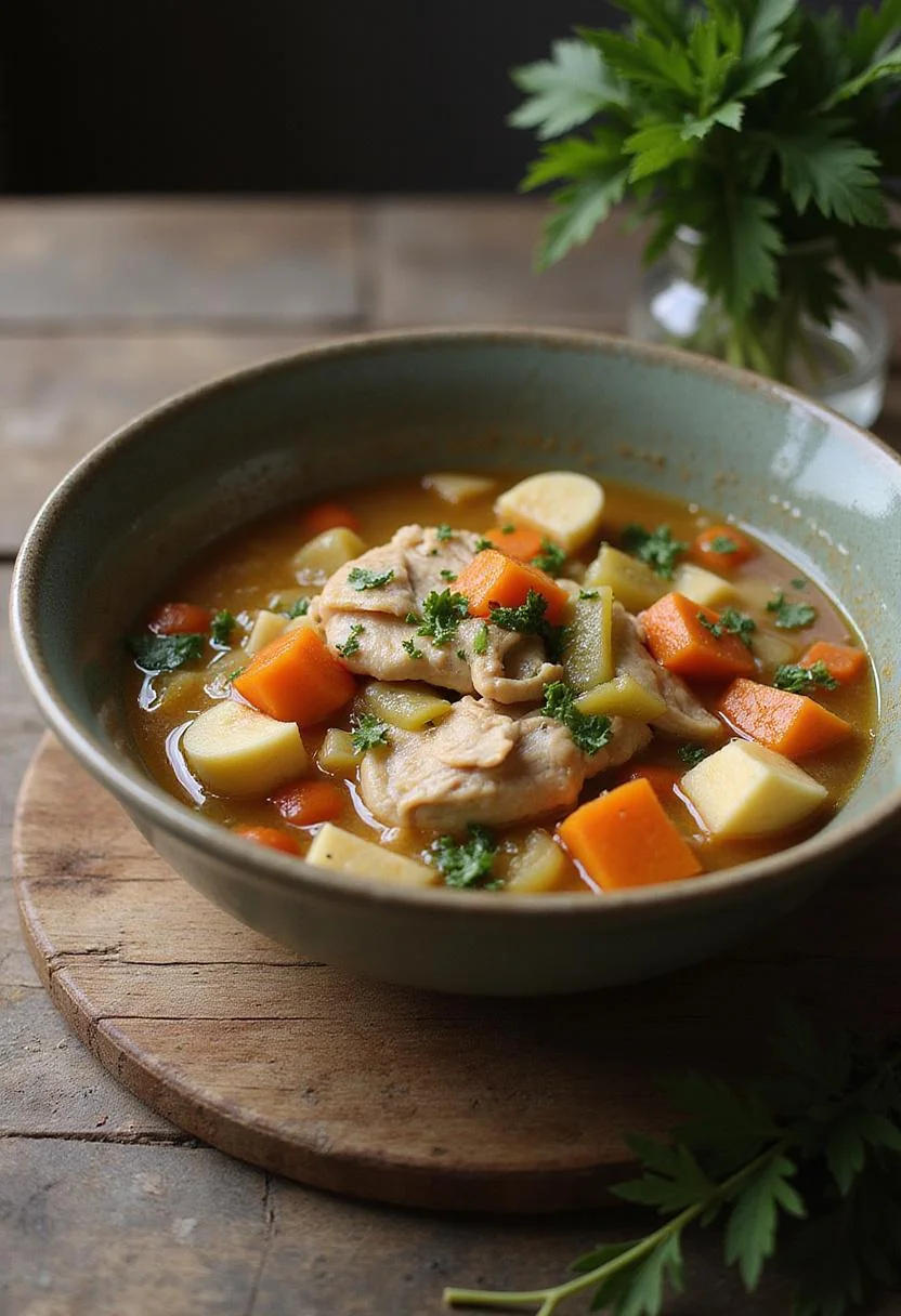 Tazón de sopa de pollo casera con pollo tierno y verduras coloridas, perfecto para disfrutar.