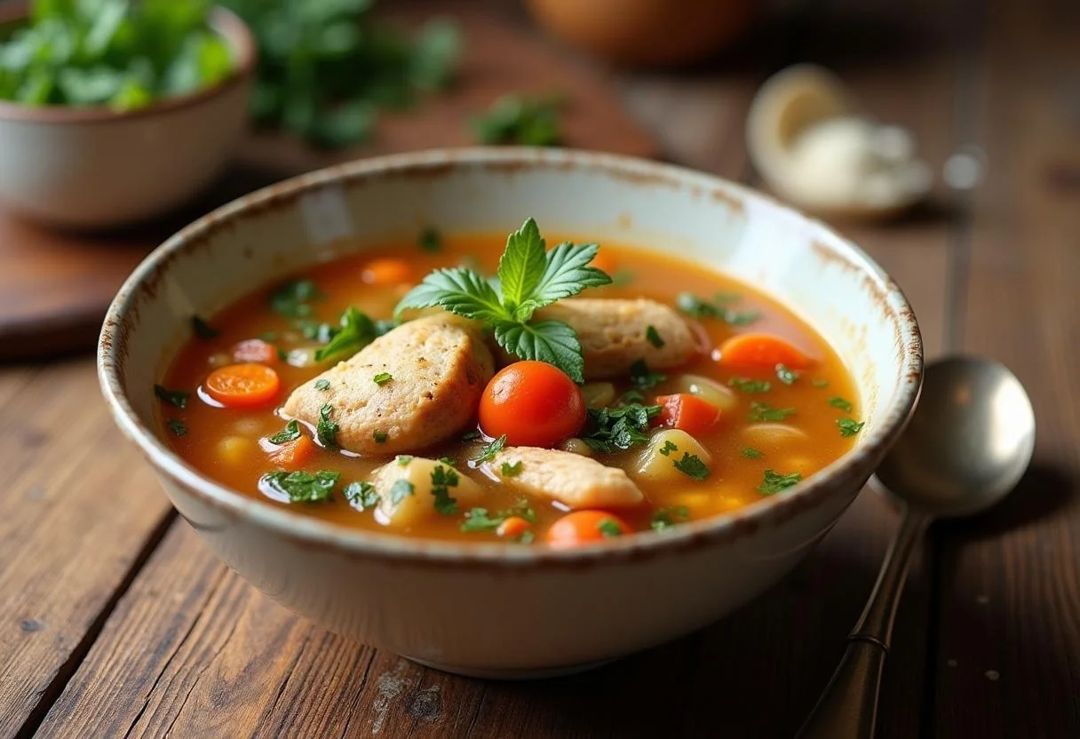 Tazón de sopa de pollo casera con pollo tierno y verduras coloridas, perfecto para disfrutar.