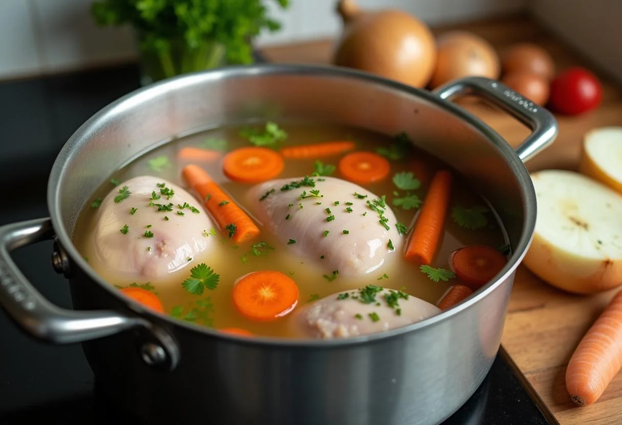 Ingredientes para sopa de pollo casera en una olla, incluyendo pollo, zanahorias, apio y cebollas.