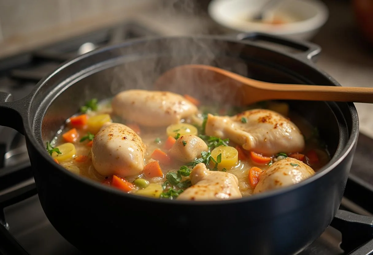 Sopa de pollo casera cociéndose a fuego lento con pollo y verduras en una olla.