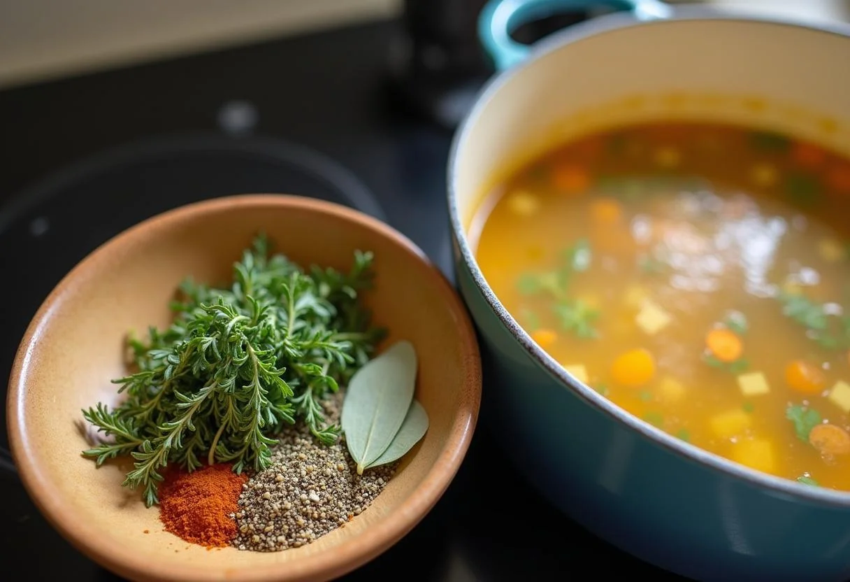 Hierbas frescas y especias preparadas para añadir a la sopa de pollo casera.