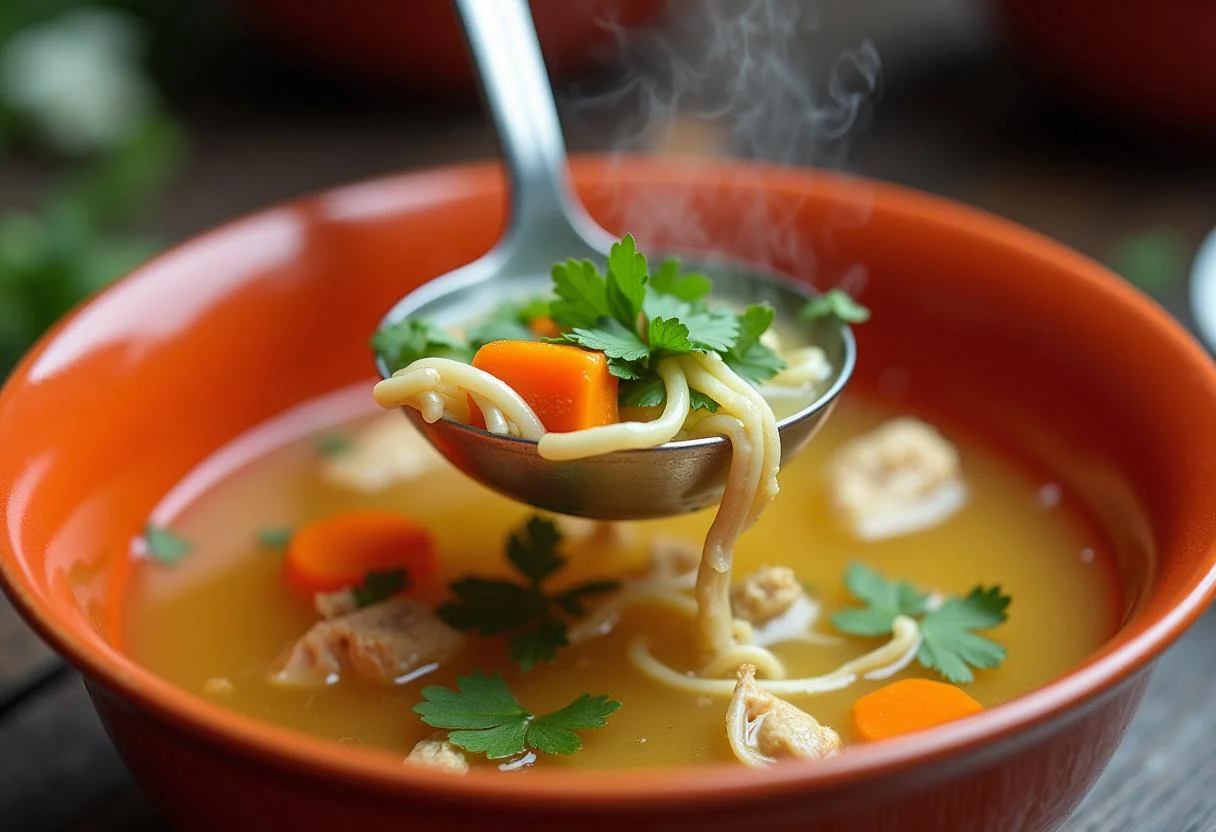 Sopa de pollo casera siendo servida en un tazón colorido con perejil fresco.