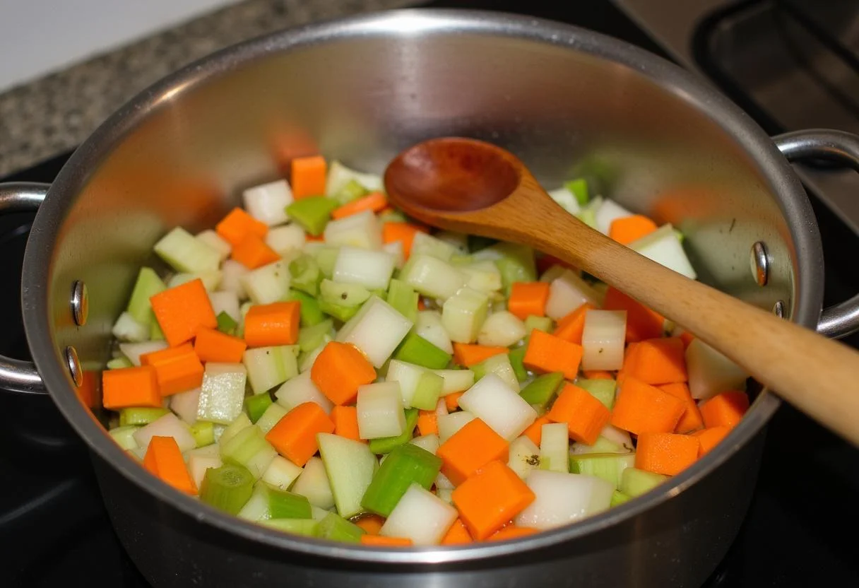Diced vegetables for Sopa de Pollo y Verduras prepared in a large pot ready for cooking.