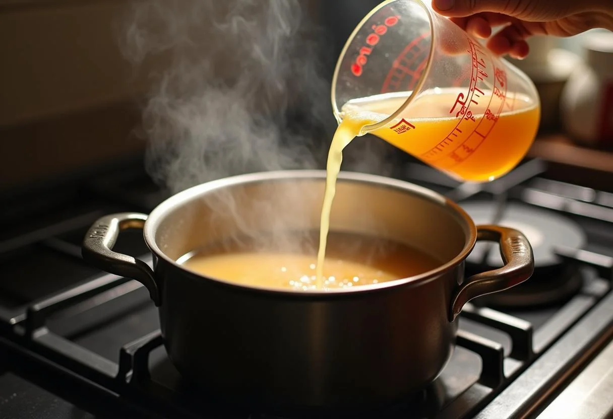 Chicken broth being poured into the pot to create a flavorful Sopa de Pollo y Verduras.