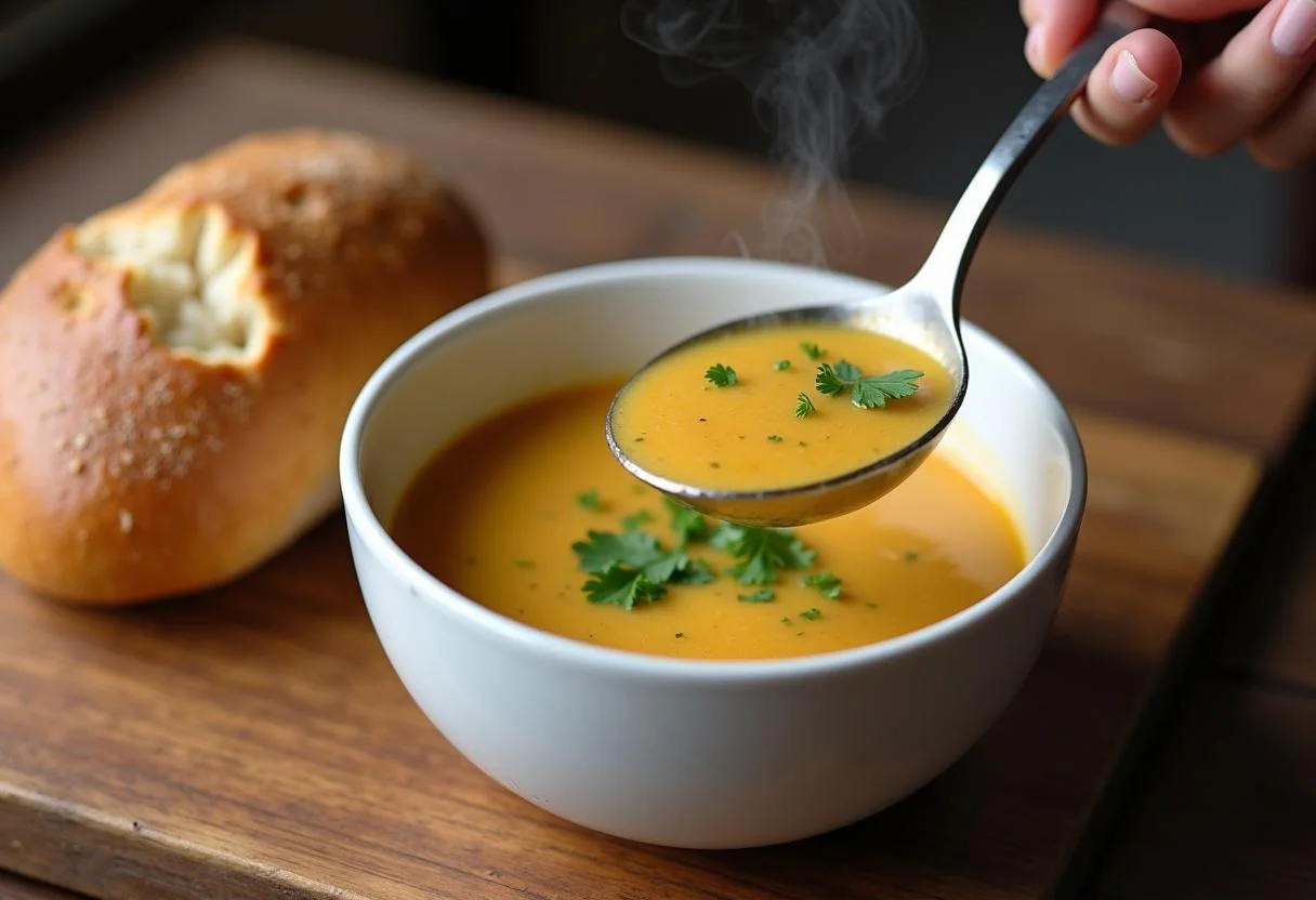 Serving Sopa de Pollo y Verduras into a bowl, garnished with parsley and accompanied by bread.