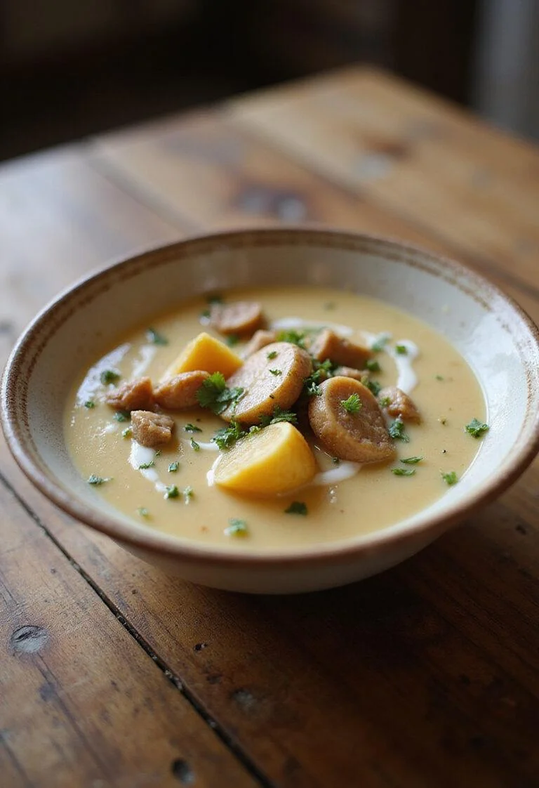 Finished Sopa de Puerro y Patata in a bowl, garnished and ready to enjoy.