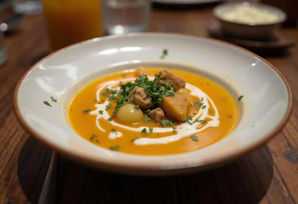 Finished Sopa de Puerro y Patata in a bowl, garnished and ready to enjoy.