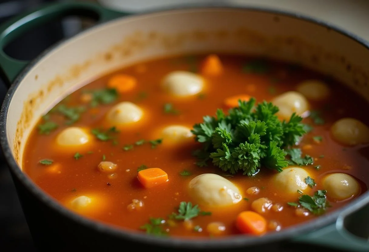 Simmering Sopa de Puerro y Patata with bubbling vegetables on the stove.