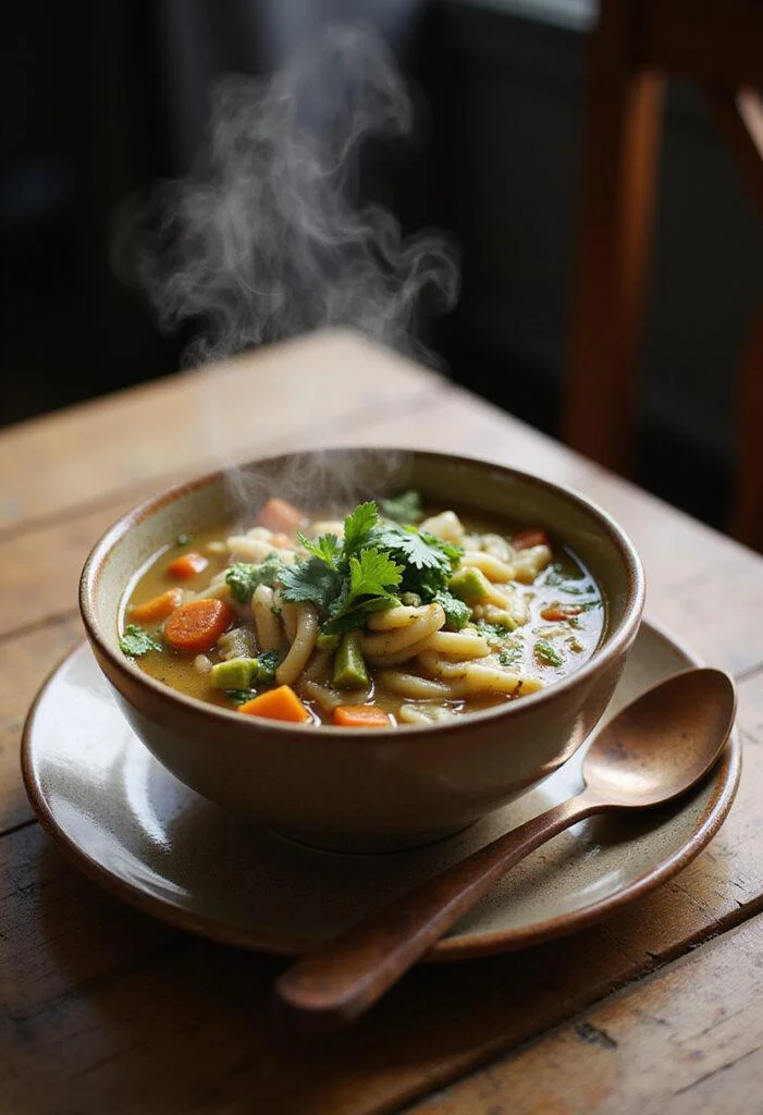 Plato de Sopa de Verduras y Fideos caliente, ideal para disfrutar de una comida reconfortante.