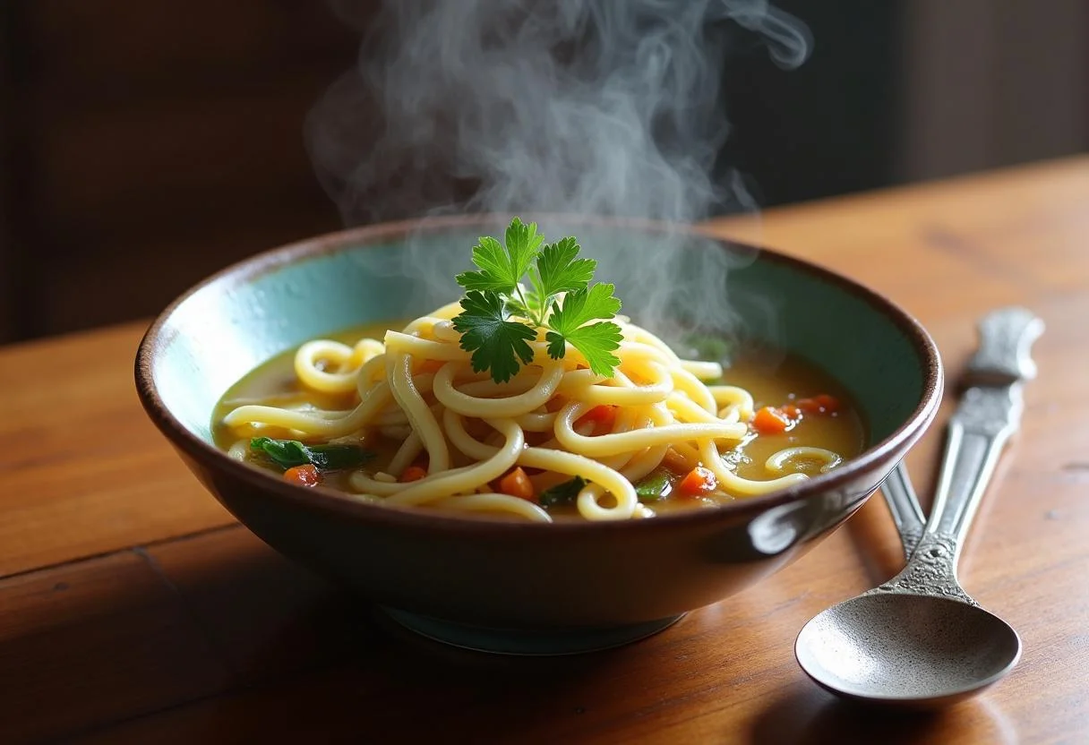 Plato de Sopa de Verduras y Fideos caliente, ideal para disfrutar de una comida reconfortante.