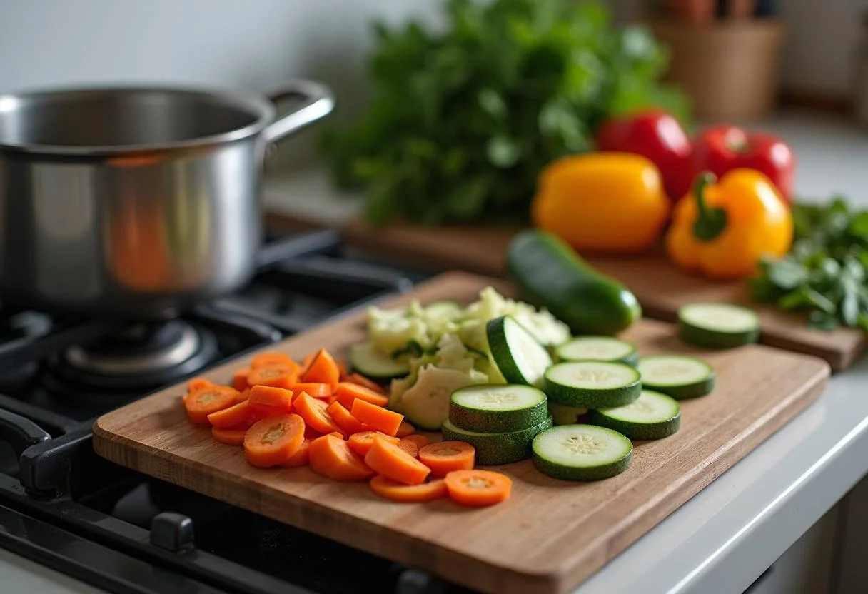 Verduras frescas picadas en una tabla para preparar Sopa de Verduras y Fideos.